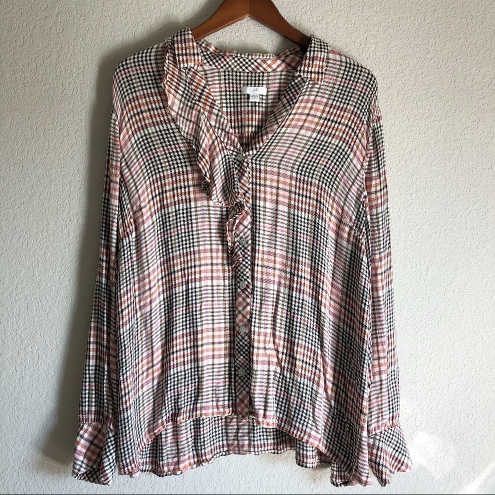 J. Jill Ruffle Front Button Down Plaid Blouse. L